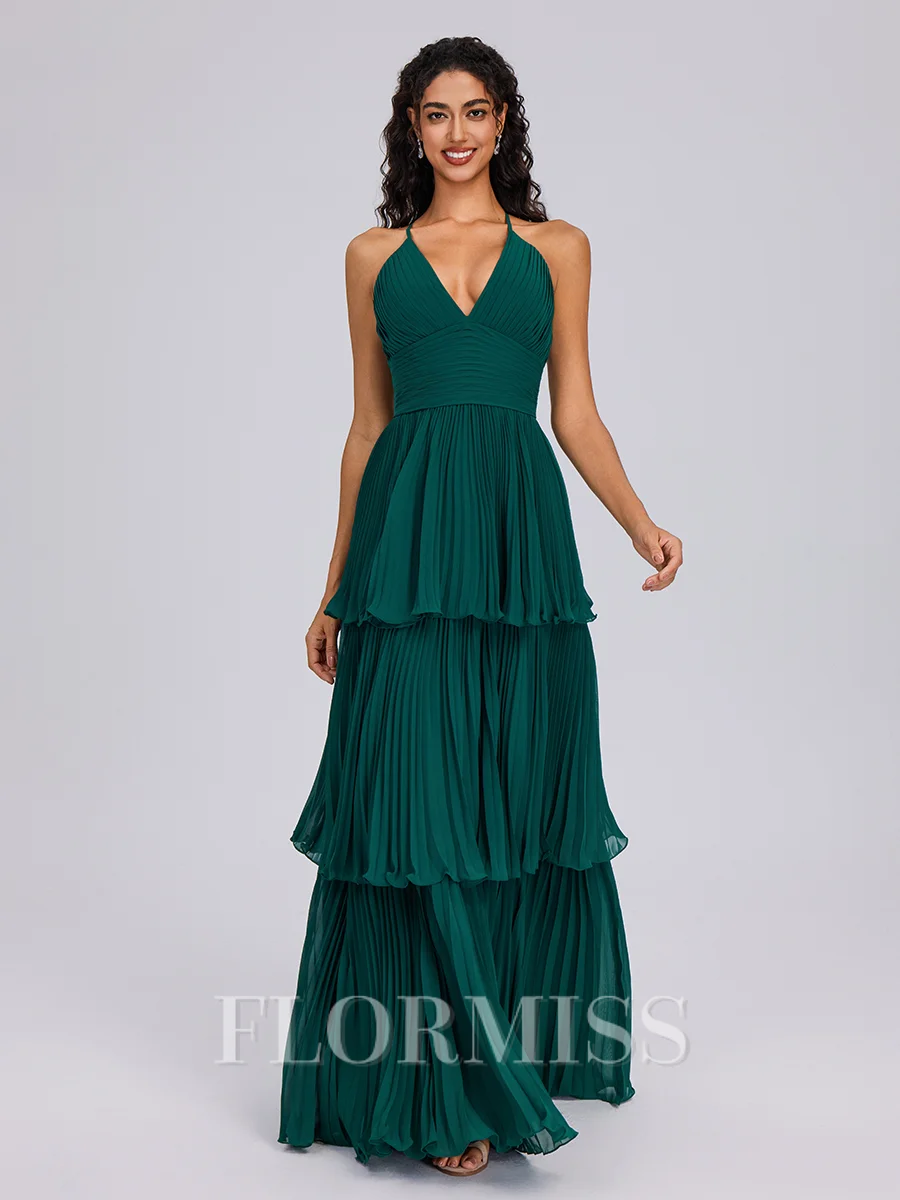 A-line V-neck Cascading Ruffles Floor-Length Chiffon Bridesmaid Dress