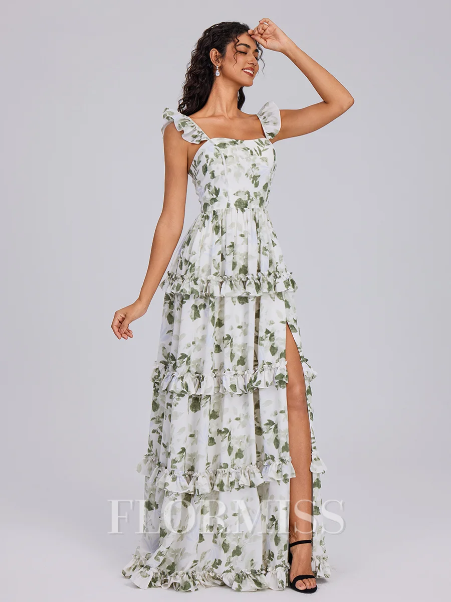 A-line Straps Cascading Ruffles Floor-Length Chiffon Bridesmaid Dress