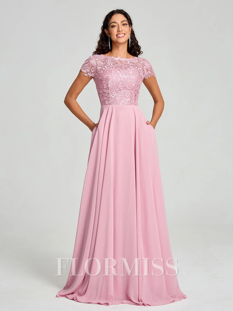 A-Line/Princess Scoop Floor-Length Short Sleeves Chiffon Bridesmaid Dress