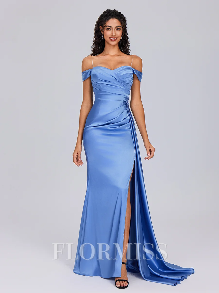 Sheath Off-the-Shoulder Pleated Sweep Train Silk Like Satin Bridesmaid Dress