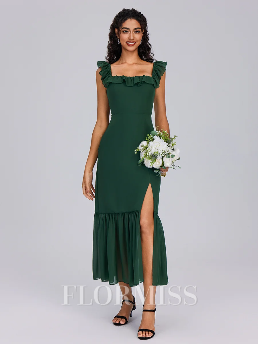 A-line Square Ruffles Tea-Length Chiffon Bridesmaid Dress