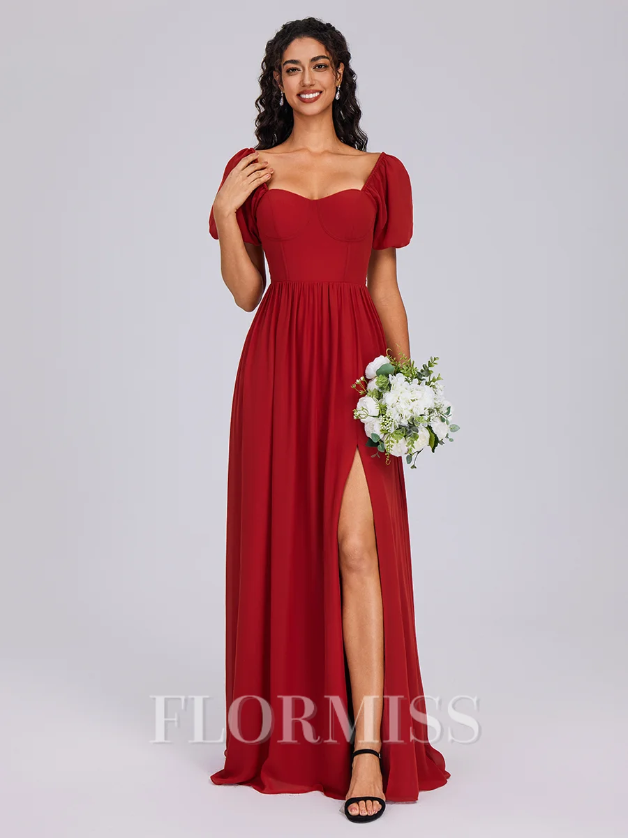A-line Square Short Sleeves Bow Floor-Length Chiffon Bridesmaid Dress
