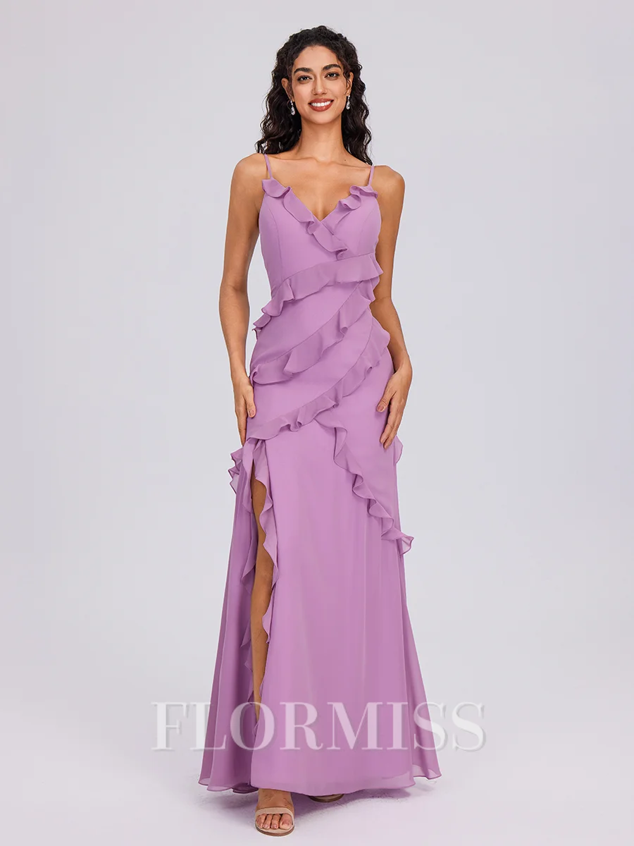 Sheath V-neck Ruffles Floor-Length Chiffon Bridesmaid Dress