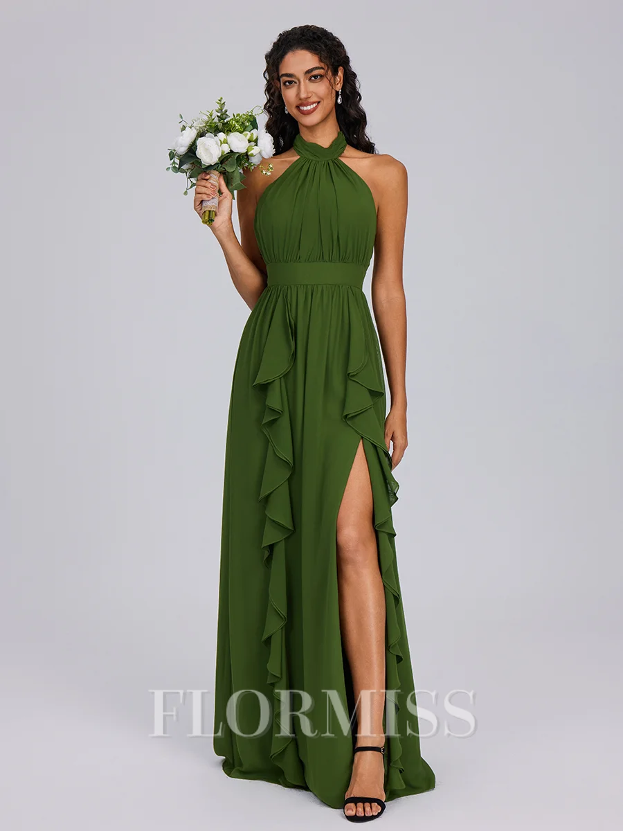 A-line Halter Ruffles Floor-Length Chiffon Bridesmaid Dress