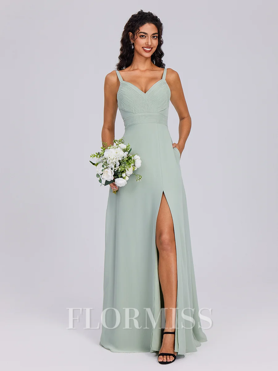 A-line V-neck Pleated Floor-Length Chiffon Bridesmaid Dress