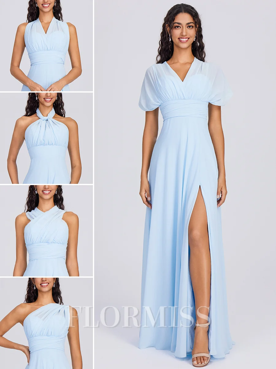 A-line Pleated Floor-Length Chiffon Convertible Bridesmaid Dress