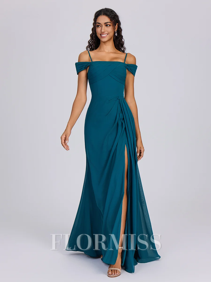 Sheath Cold Shoulder Pleated Floor-Length Chiffon Bridesmaid Dress