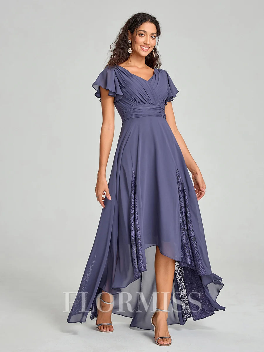 A-Line/Princess V-neck Asymmetrical Short Sleeves Chiffon Bridesmaid Dress