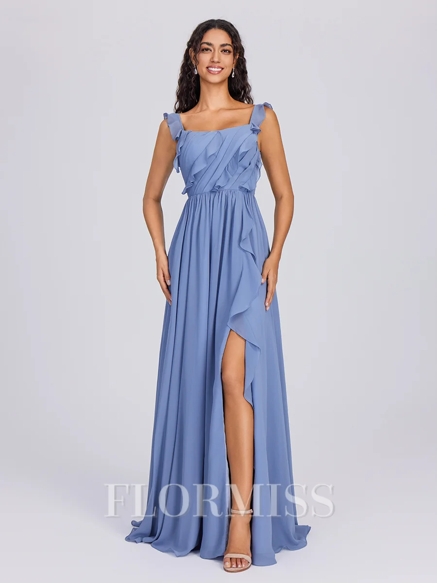 A-line Straps Ruffles Floor-Length Chiffon Bridesmaid Dress