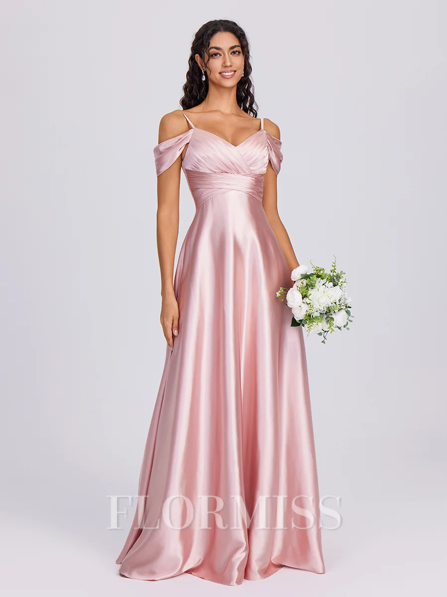 A-line Cold Shoulder Pleated Floor-Length Silk Like Satin Bridesmaid Dress