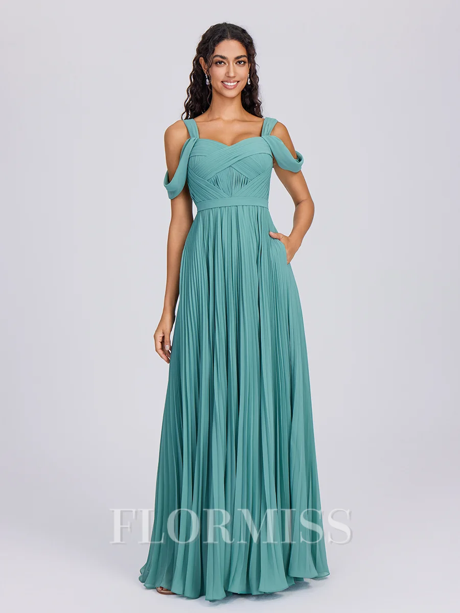 A-line Cold Shoulder Pleated Floor-Length Chiffon Bridesmaid Dress