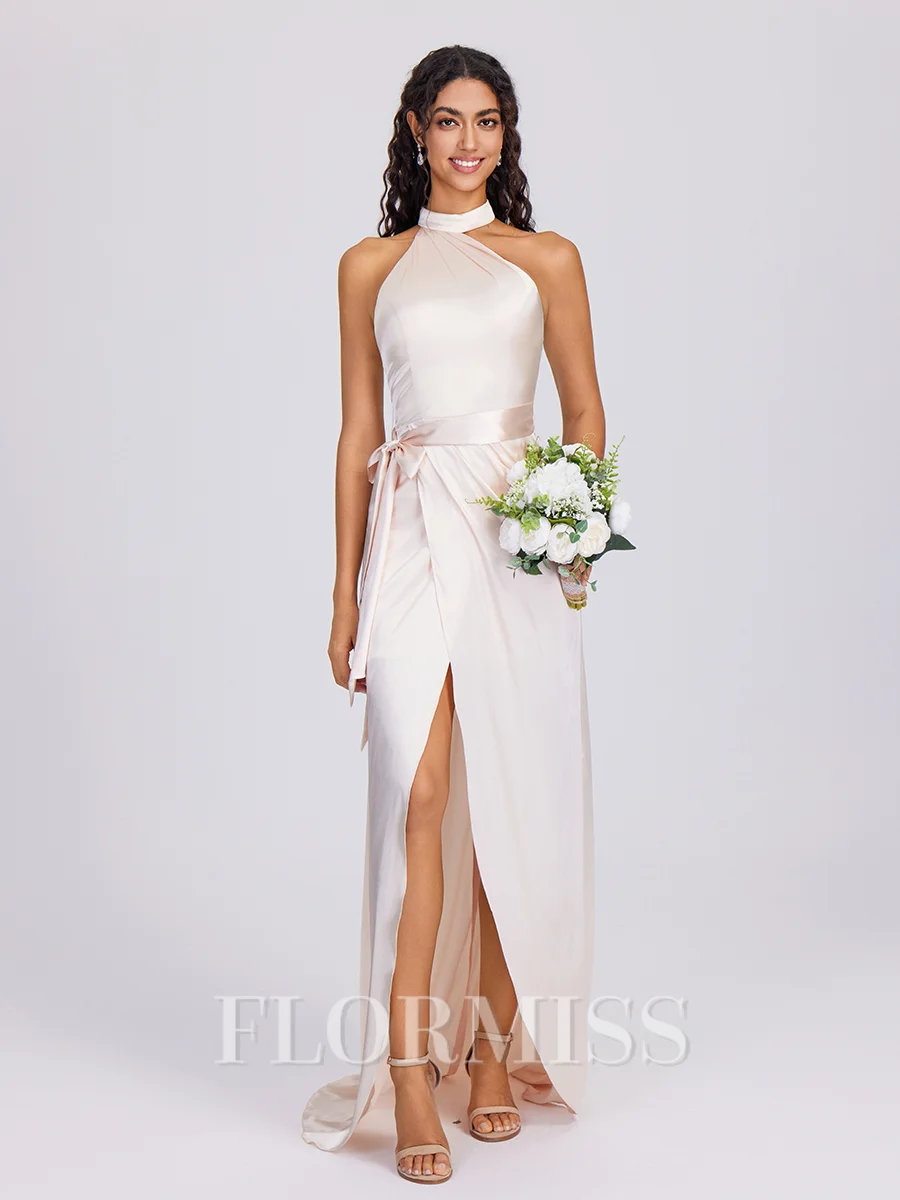 Sheath Halter Sash/Ribbon/Belt Sweep Train Silk Like Satin Bridesmaid Dress
