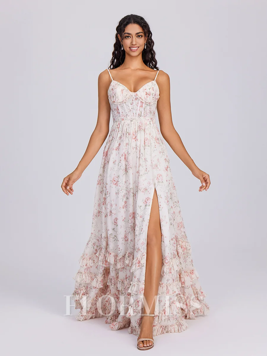 A-line V-neck Ruffles Floor-Length Corset Bridesmaid Dress