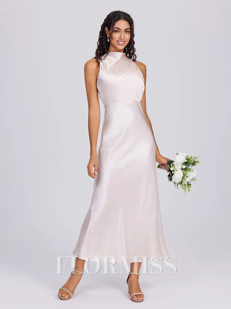 Sheath Halter Pleated Ankle-Length Silk Like Satin Bridesmaid Dress