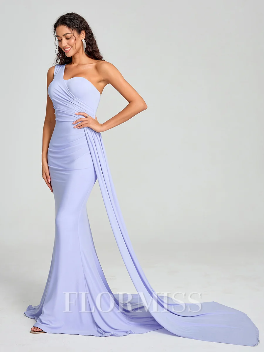 Sheath/Column One-Shoulder Sweep/Brush Train Sleeveless Jersey Bridesmaid Dress