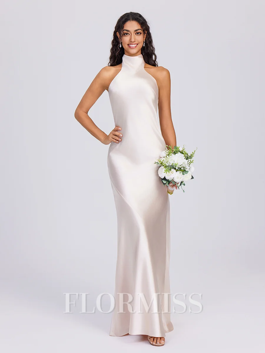Sheath Halter Bow Floor-Length Silk Like Satin Bridesmaid Dress