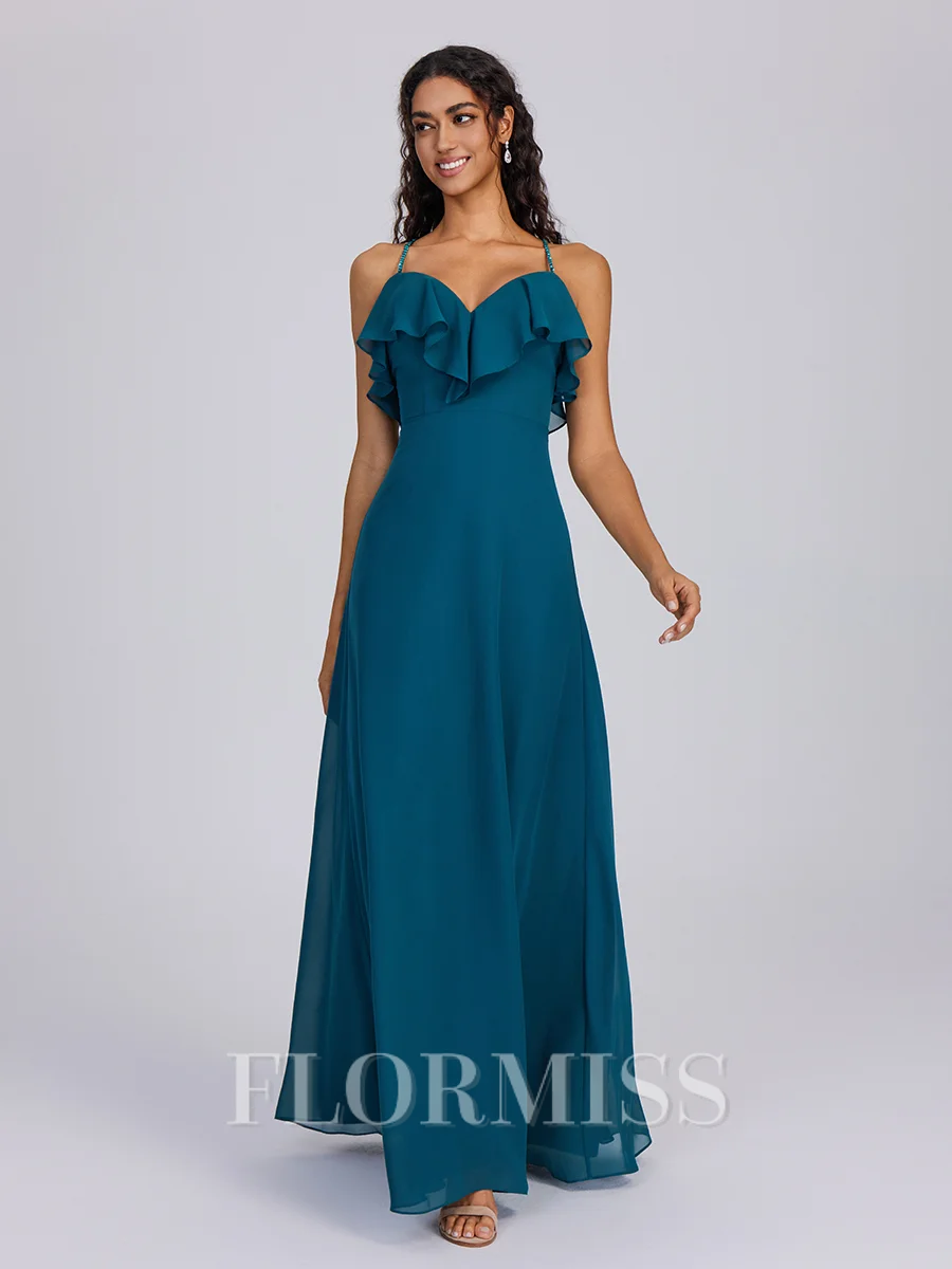 A-line V-neck Ruffles Floor-Length Chiffon Bridesmaid Dress