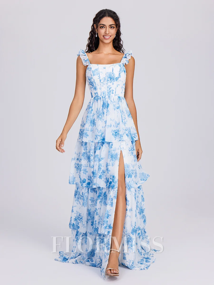 A-line Square Cascading Ruffles Floor-Length Corset Bridesmaid Dress