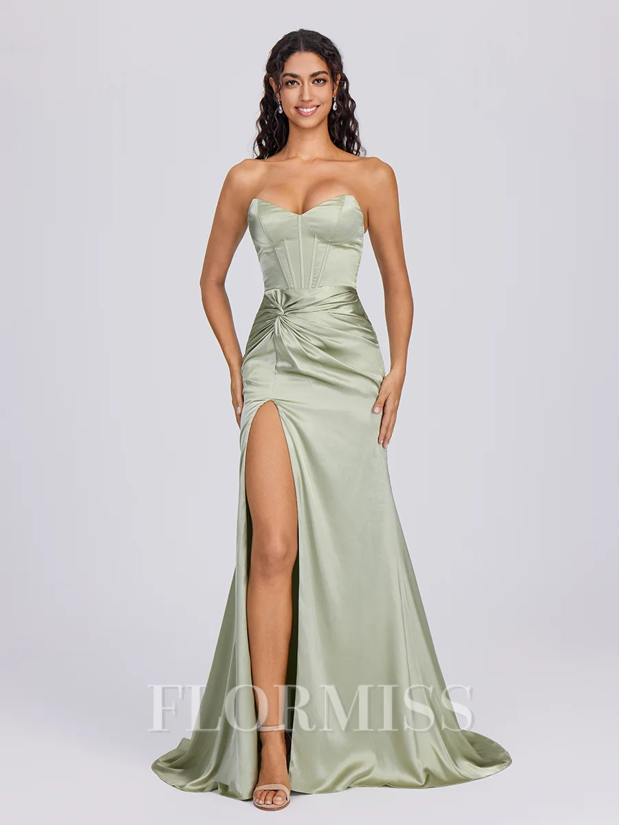 Sheath Sweetheart Pleated Sweep Train Silk Like Satin Corset Bridesmaid Dress