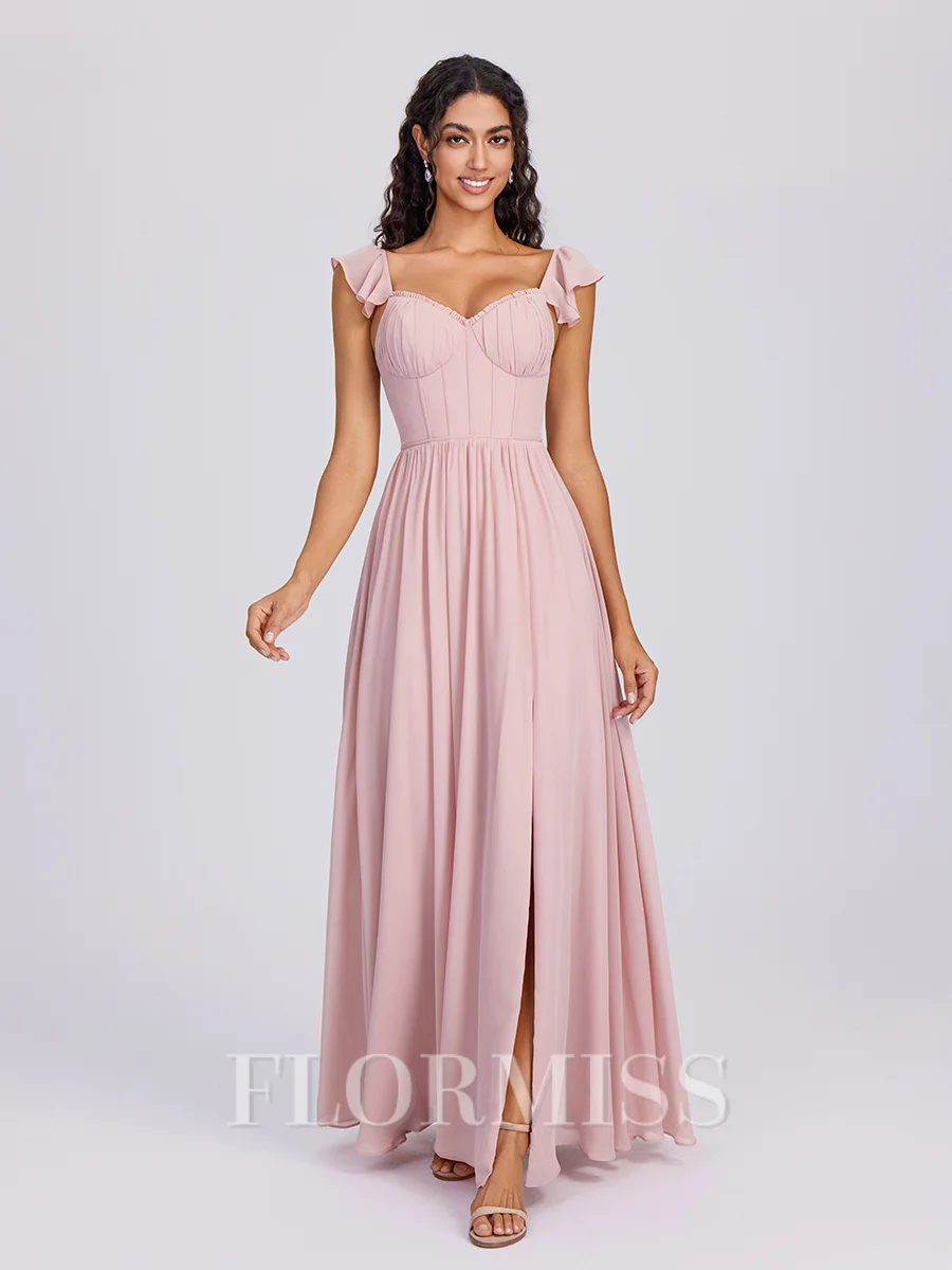 A-line Straps Ruffles Floor-Length Chiffon Corset Bridesmaid Dress