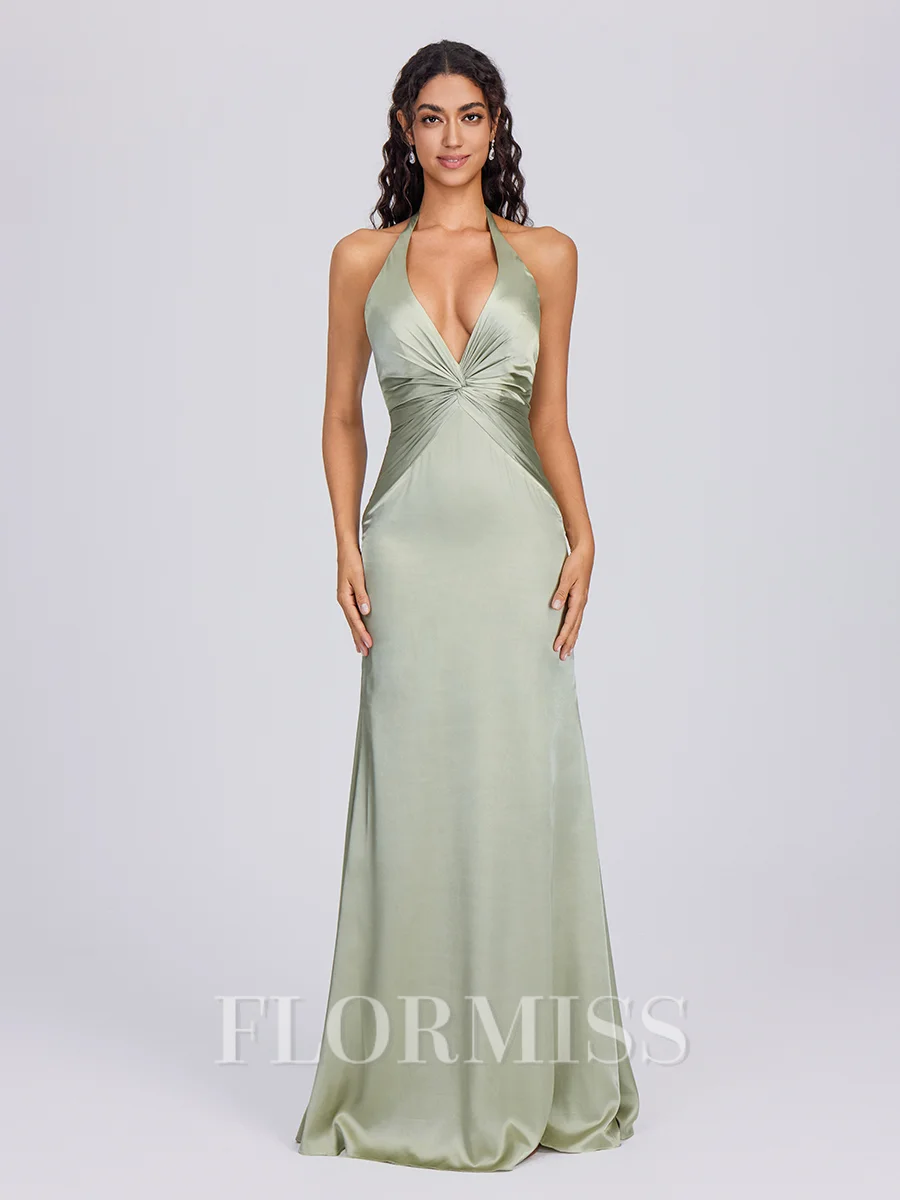 Sheath V-neck Pleated Floor-Length Silk Like Satin Bridesmaid Dress
