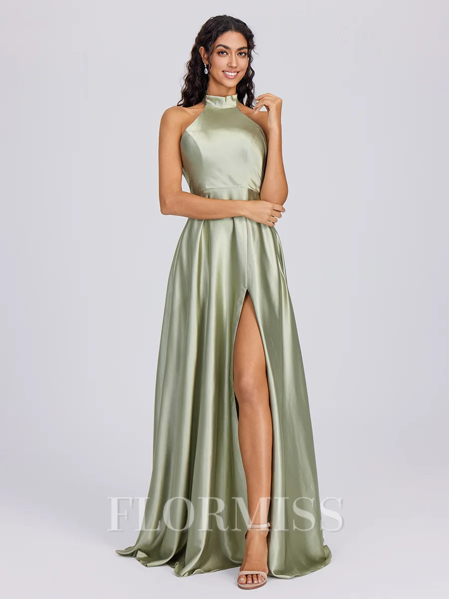 A-line Halter Bow Floor-Length Silk Like Satin Bridesmaid Dress