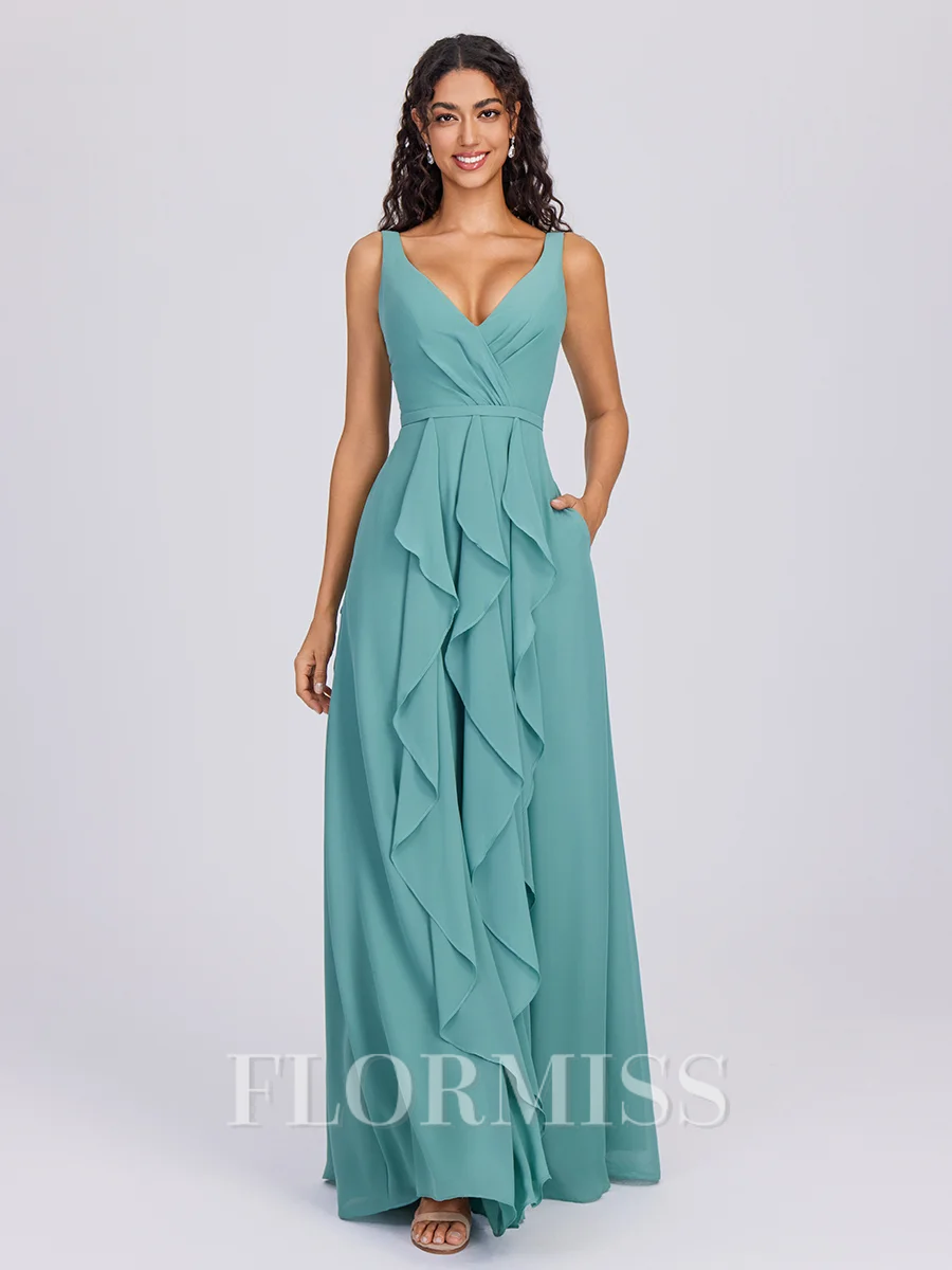 A-line V-neck Ruffles Floor-Length Chiffon Bridesmaid Dress