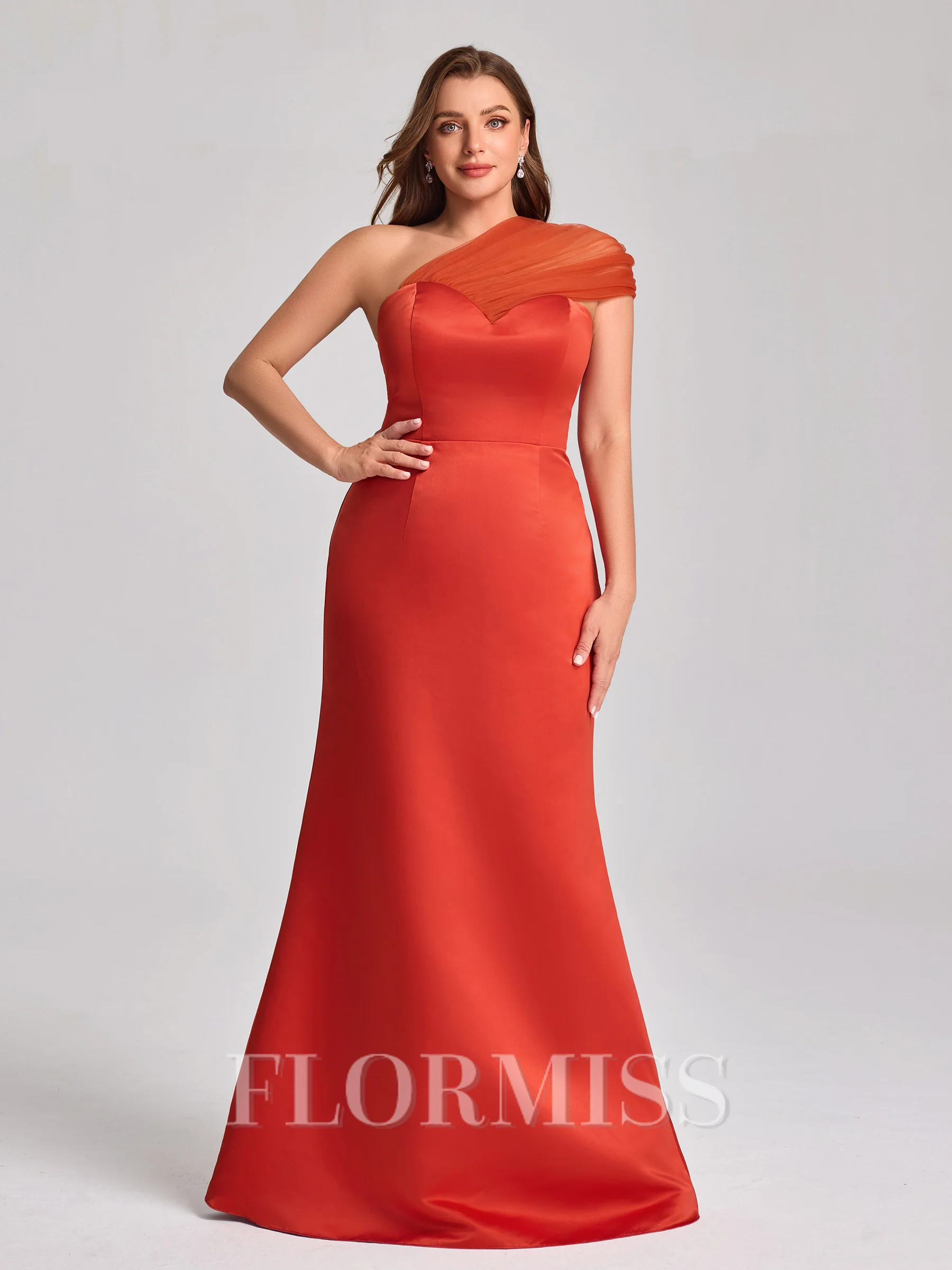 Sheath One-Shoulder Pleated Floor-Length Satin Plus Size Bridesmaid Dress