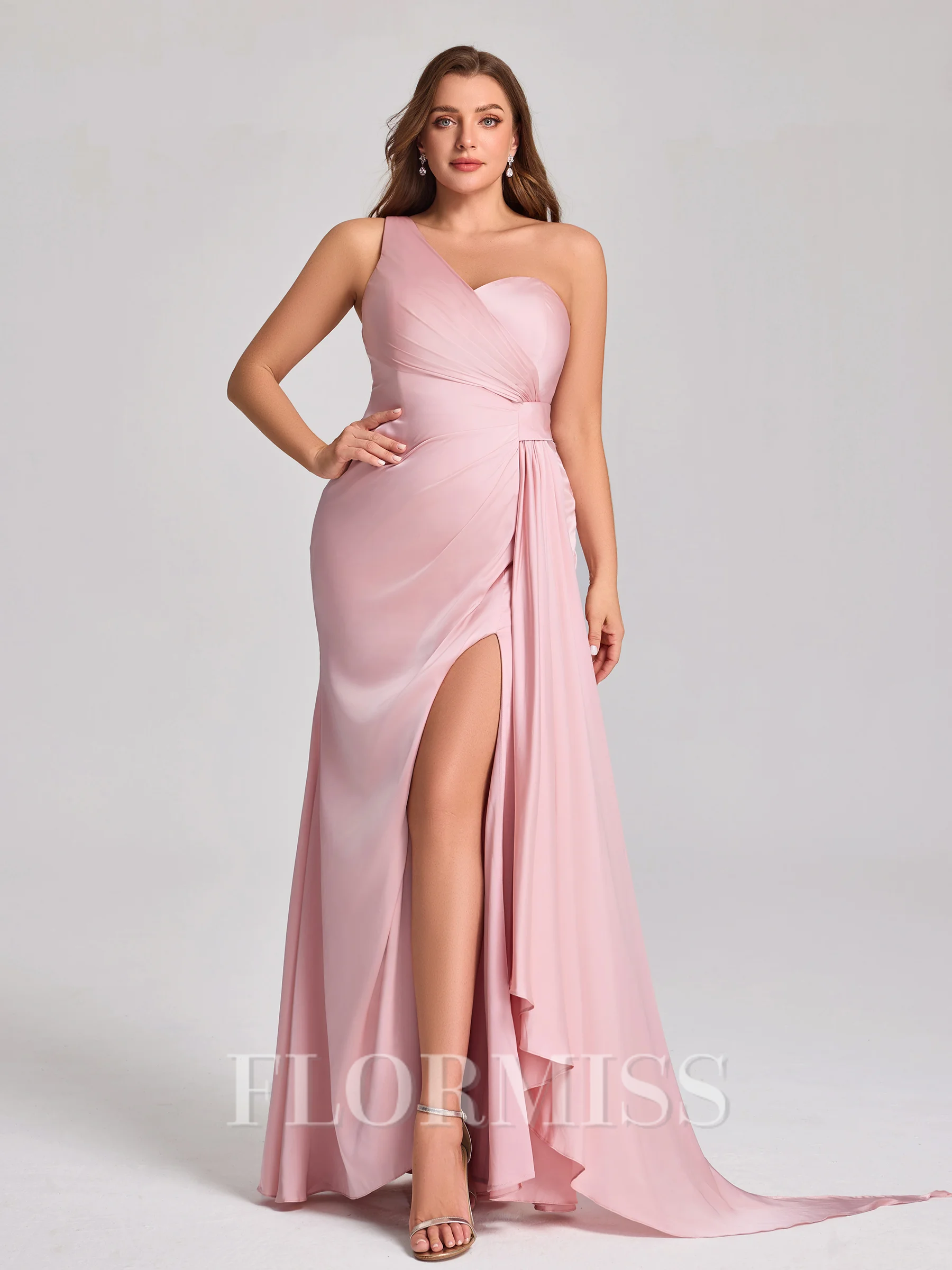 Sheath One-Shoulder Pleated Floor-Length NS Elastic Woven Satin Corset Plus Size Bridesmaid Dress