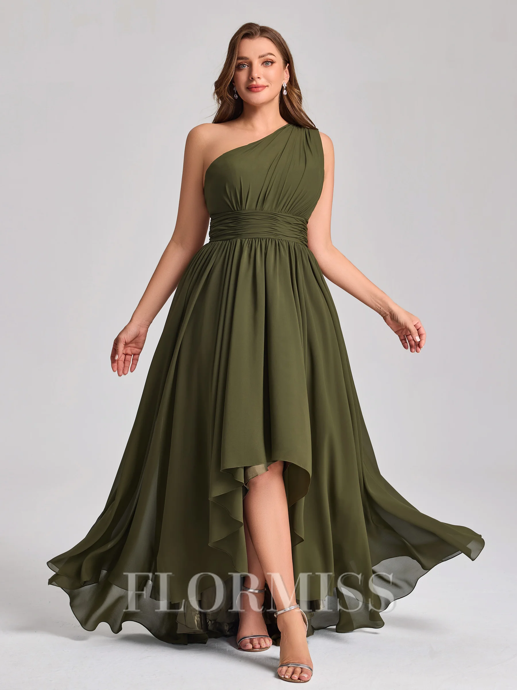 A-line One-Shoulder Pleated Asymmetrical Chiffon Corset Plus Size Bridesmaid Dress