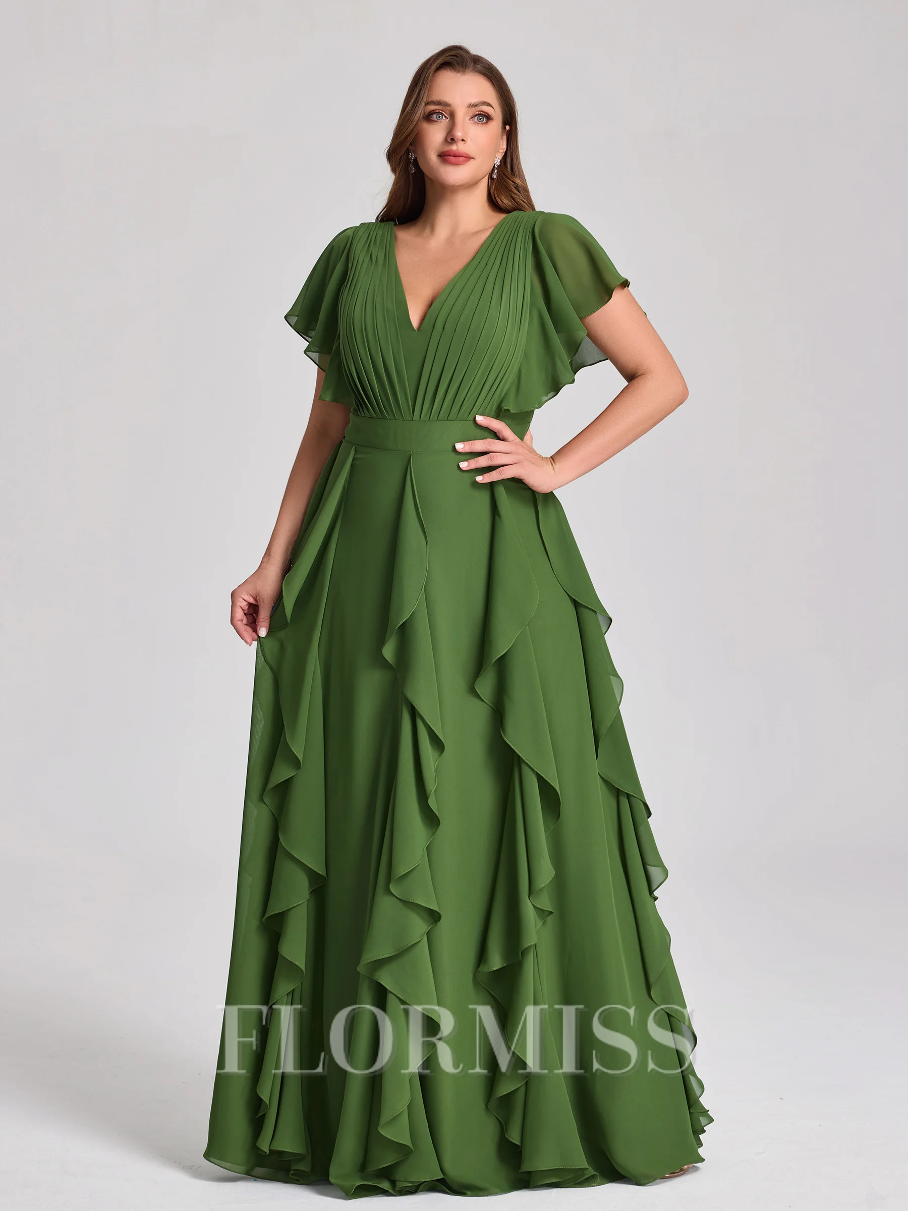 A-line V-neck Short Sleeves Ruffles Floor-Length Chiffon Corset Plus Size Bridesmaid Dress