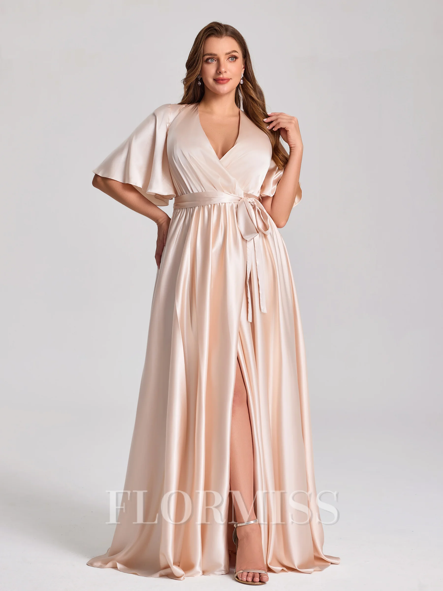 A-line V-neck Short Sleeves Sash/Ribbon/Belt Floor-Length Silk Like Satin Corset Plus Size Bridesmaid Dress