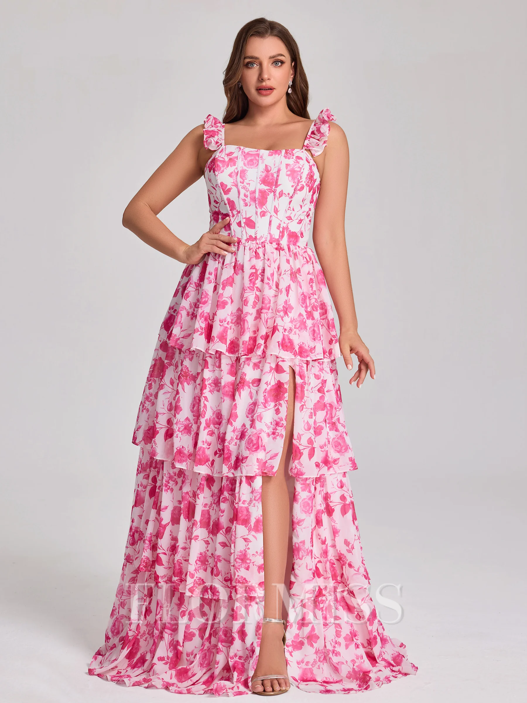 A-line Straps Cascading Ruffles Floor-Length Corset Plus Size Bridesmaid Dress