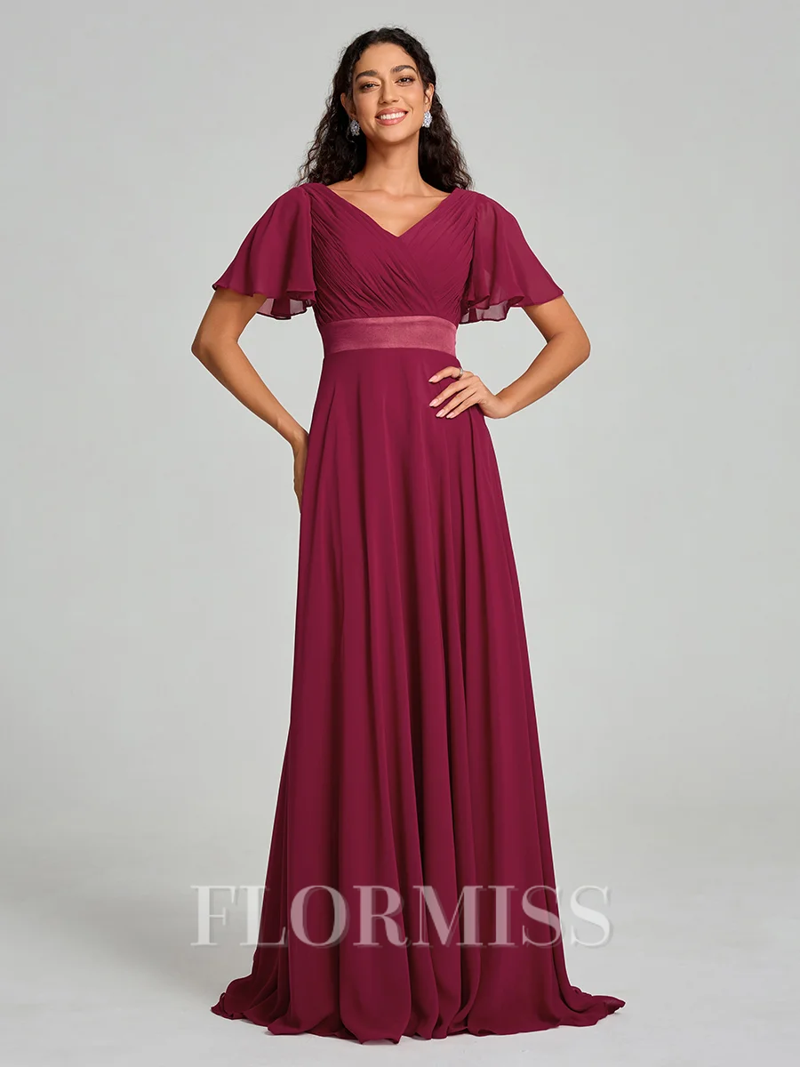 A-Line/Princess V-neck Sweep/Brush Train Short Sleeves Chiffon Bridesmaid Dress
