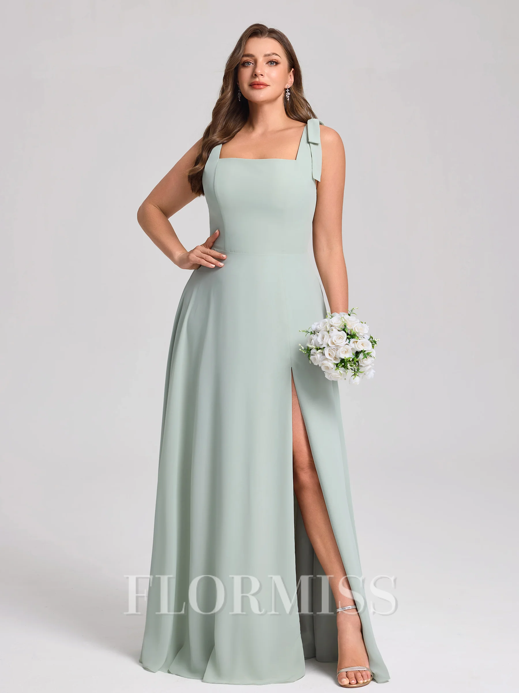 A-line Straps Bow Floor-Length Chiffon Corset Plus Size Bridesmaid Dress