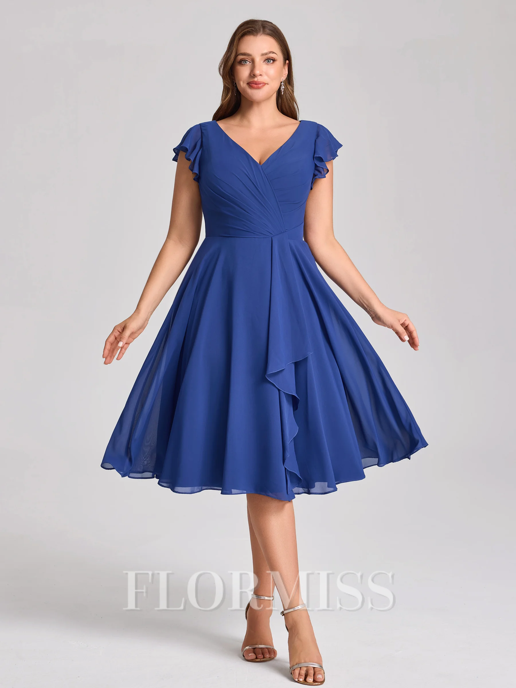 A-line V-neck Short Sleeves Pleated Knee-Length Chiffon Corset Plus Size Bridesmaid Dress
