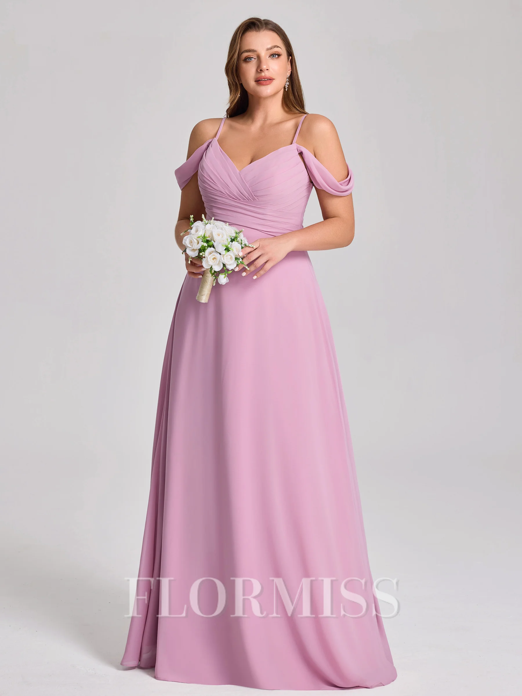 A-line Cold Shoulder Pleated Floor-Length Chiffon Corset Plus Size Bridesmaid Dress