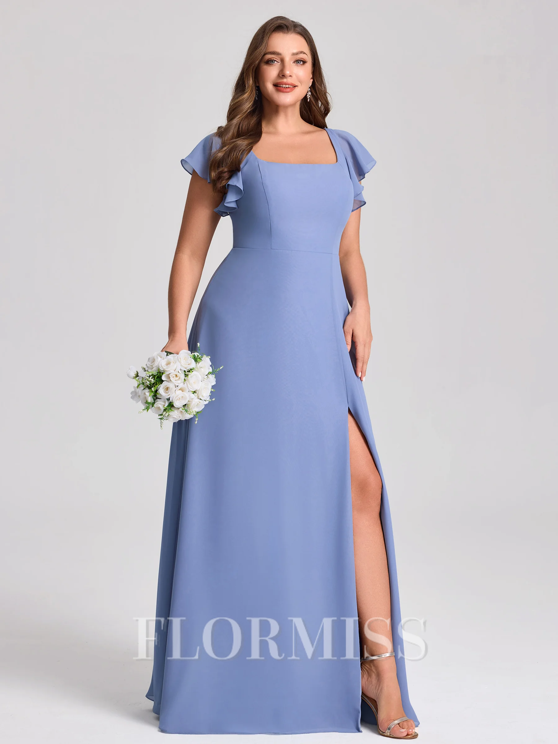 A-line Square Short Sleeves Floor-Length Chiffon Plus Size Bridesmaid Dress
