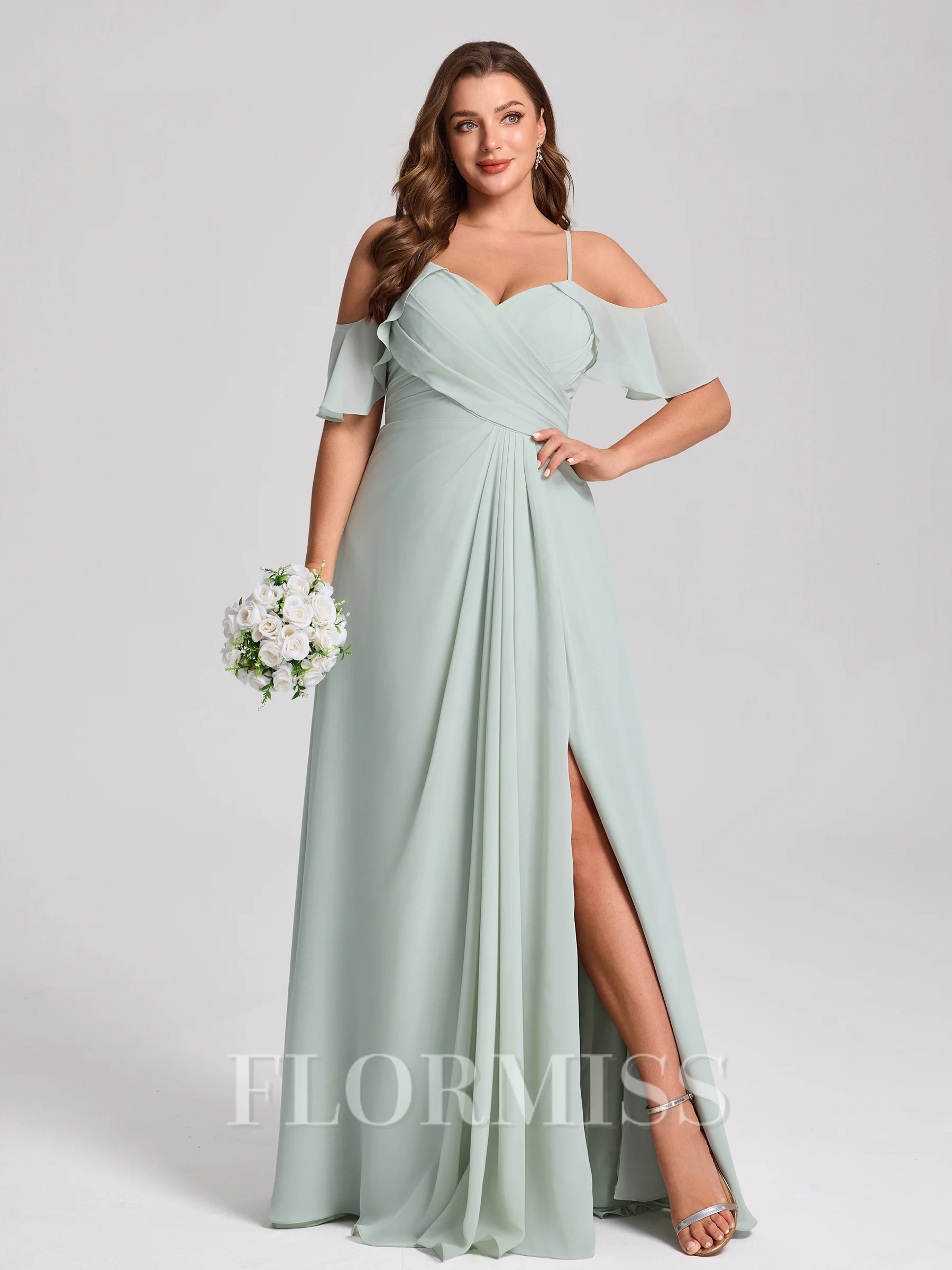 A-line Cold Shoulder Pleated Floor-Length Chiffon Plus Size Bridesmaid Dress