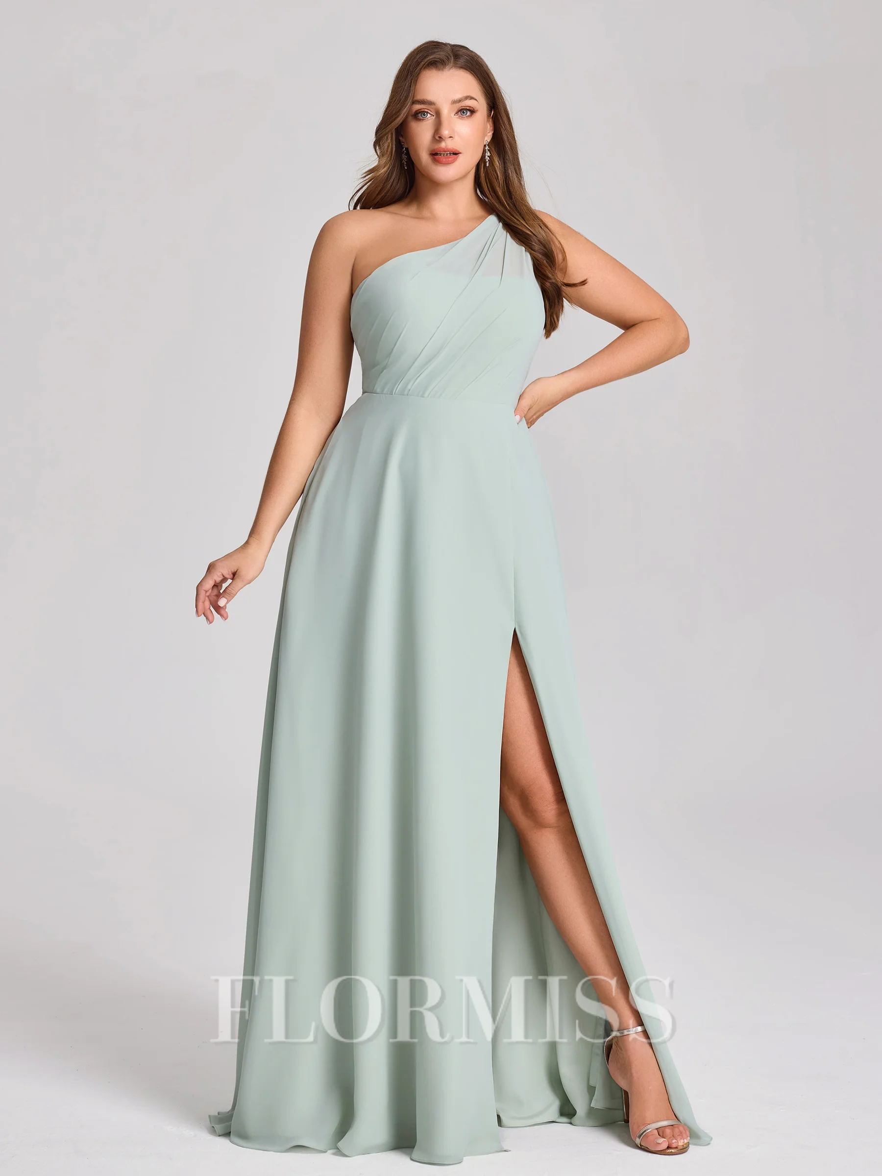 A-line One-Shoulder Pleated Floor-Length Chiffon Plus Size Bridesmaid Dress