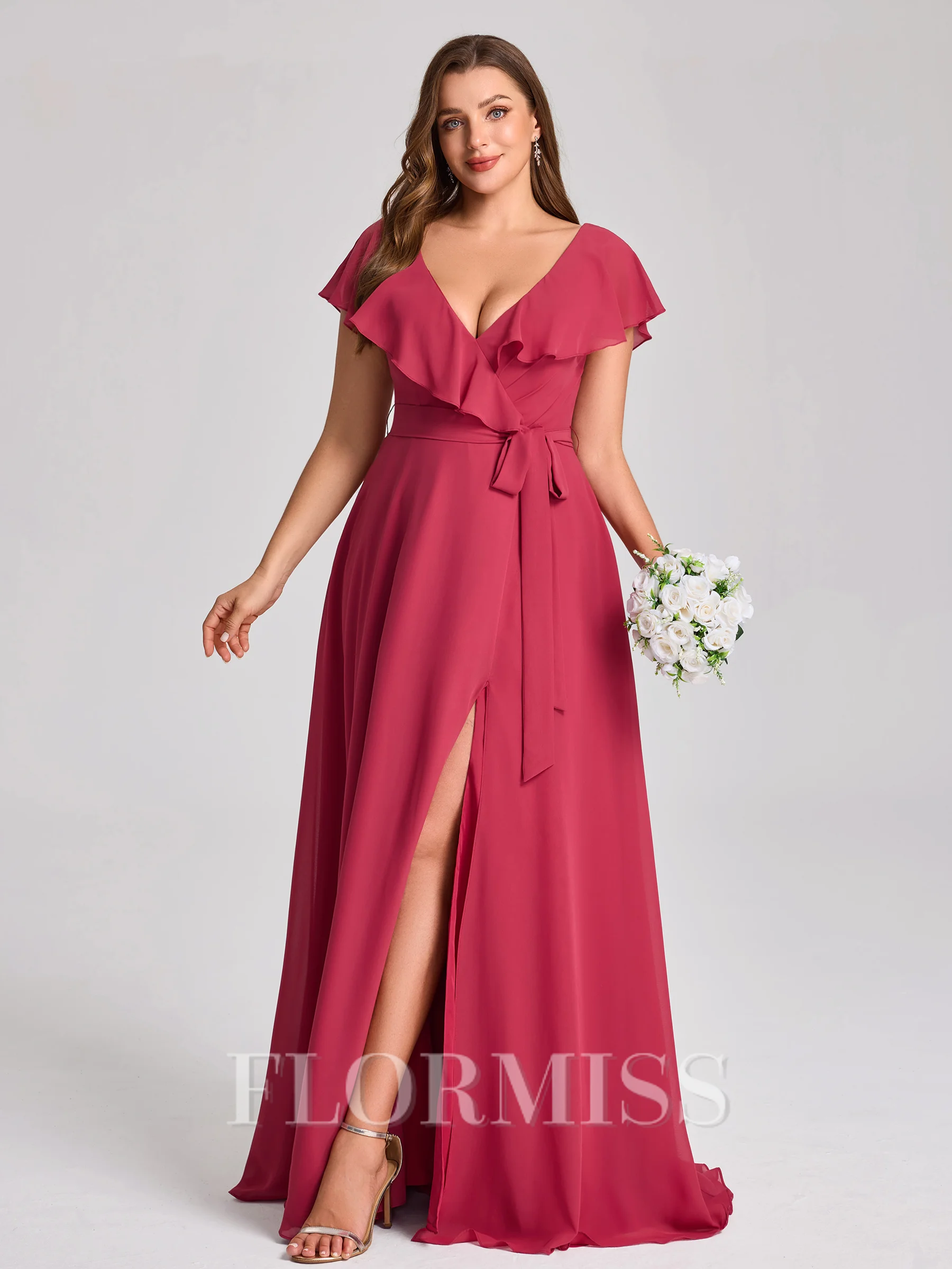 A-line V-neck Short Sleeves Sash/Ribbon/Belt Floor-Length Chiffon Plus Size Bridesmaid Dress