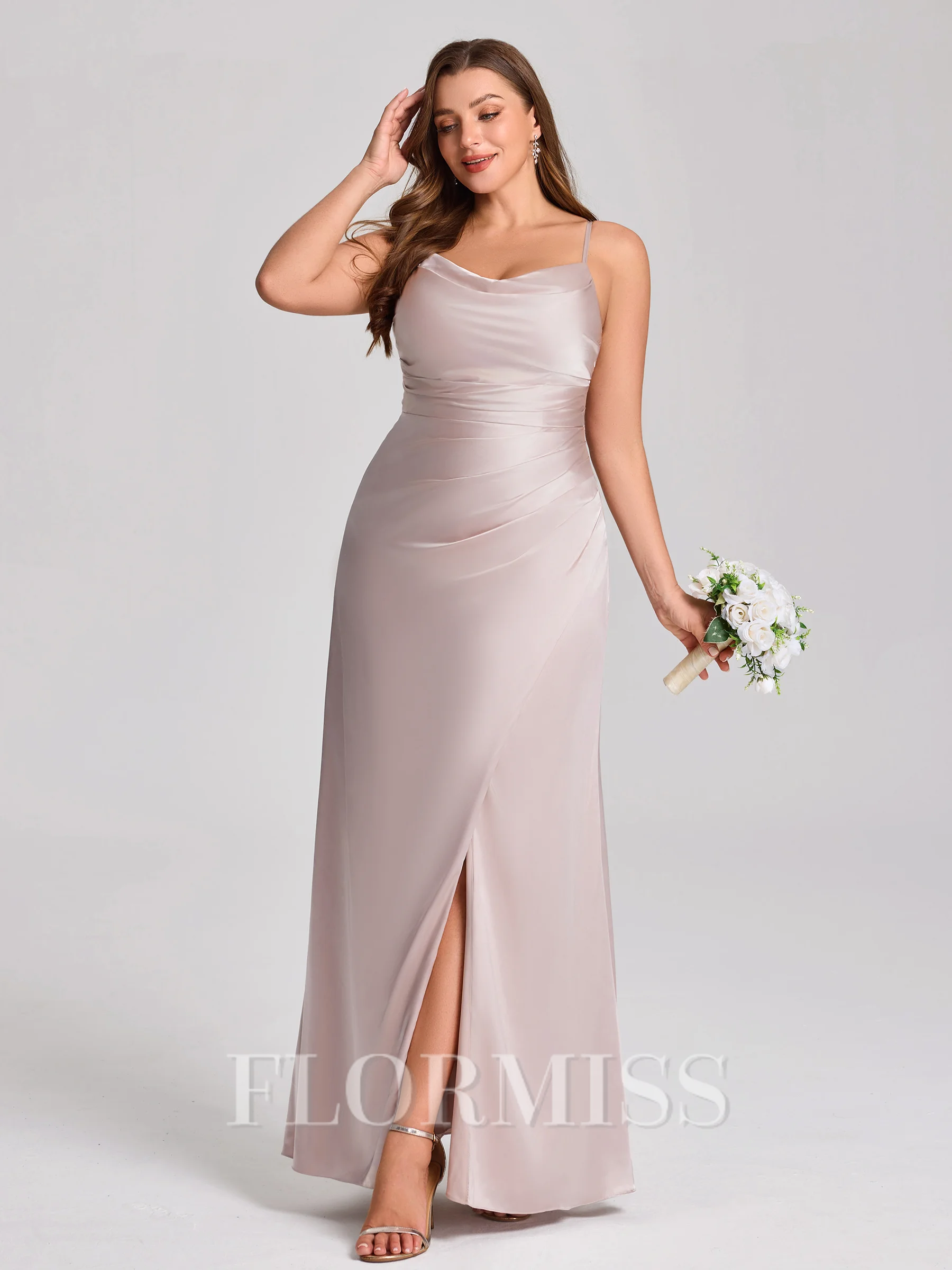 Sheath Spaghetti Straps Pleated Floor-Length Silk Like Satin Plus Size Bridesmaid Dress