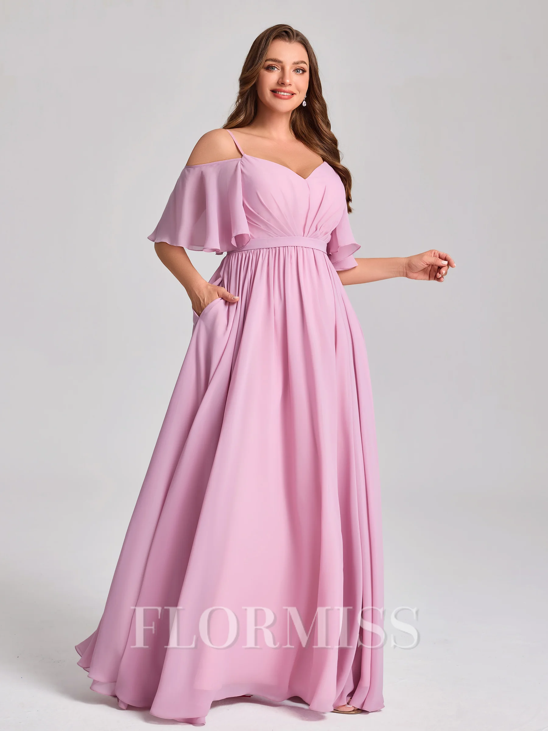 A-line Cold Shoulder Short Sleeves Pleated Floor-Length Chiffon Plus Size Bridesmaid Dress