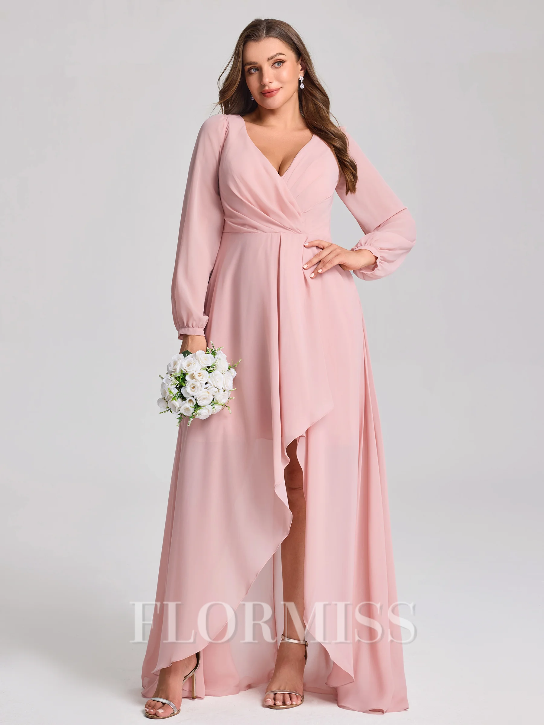 A-line V-neck Long Sleeves Pleated Asymmetrical Chiffon Plus Size Bridesmaid Dress