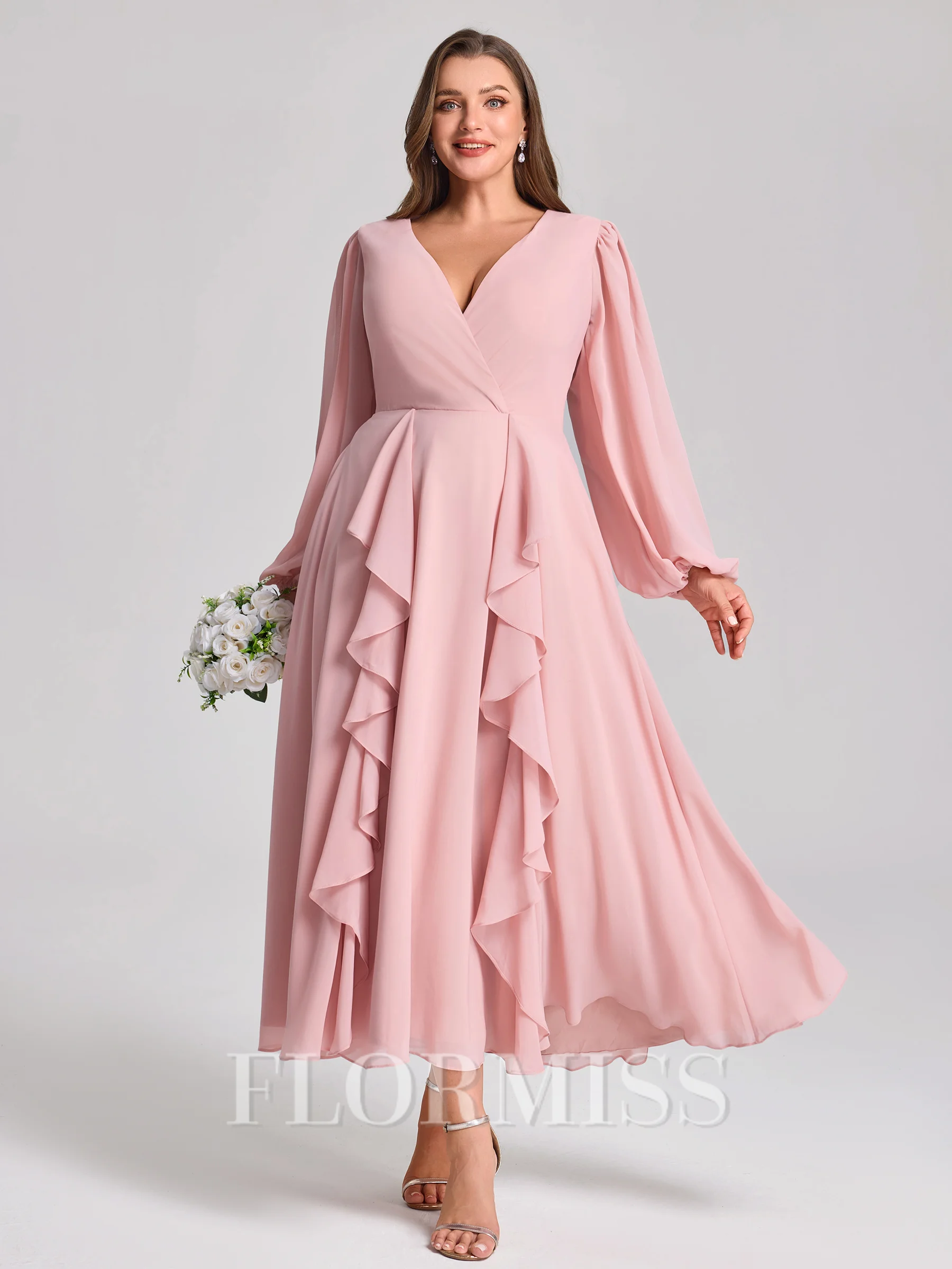A-line V-neck Long Sleeves Ruffles Tea-Length Chiffon Corset Plus Size Bridesmaid Dress