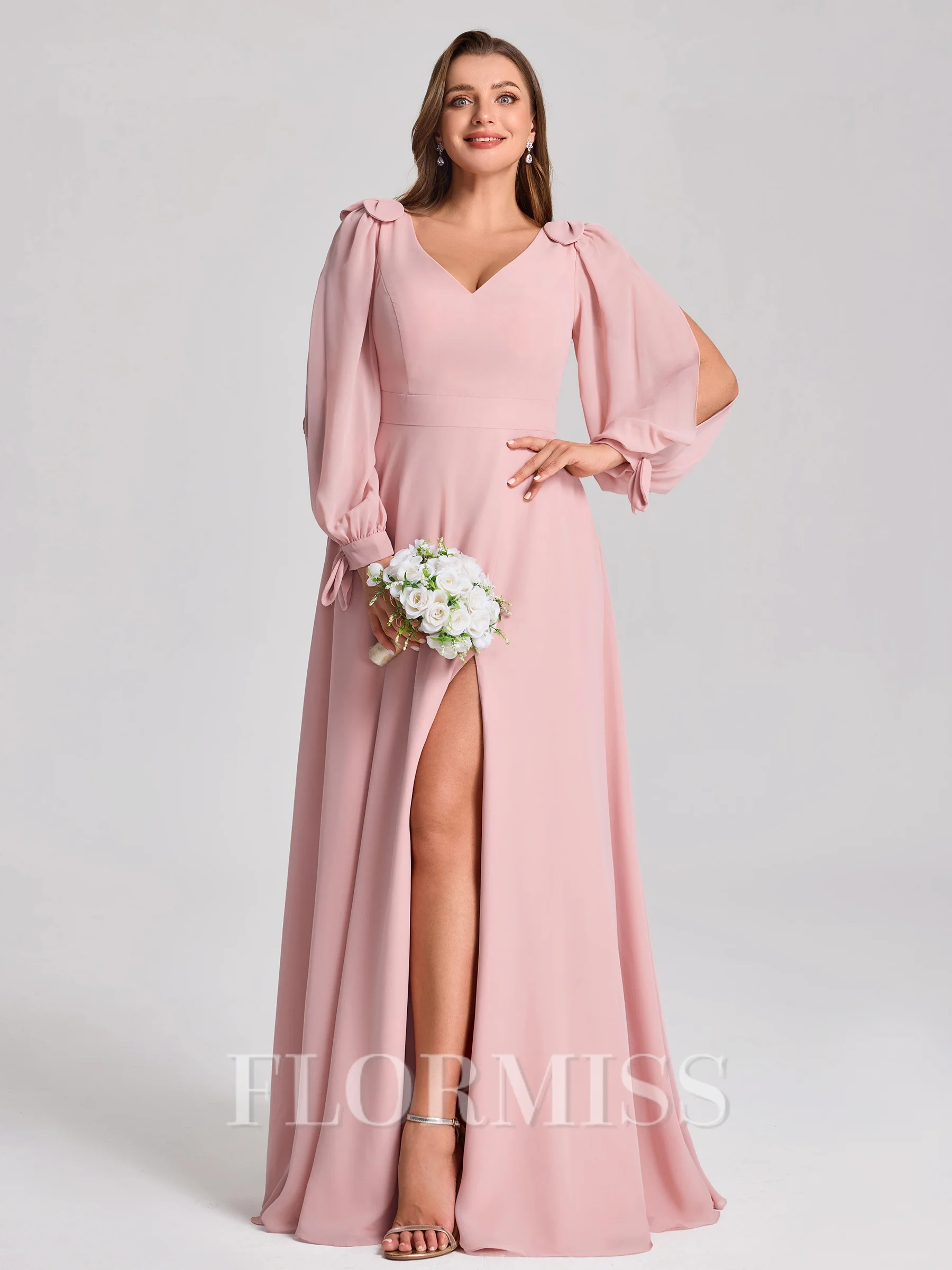 A-line V-neck Long Sleeves Bow Floor-Length Chiffon Plus Size Bridesmaid Dress