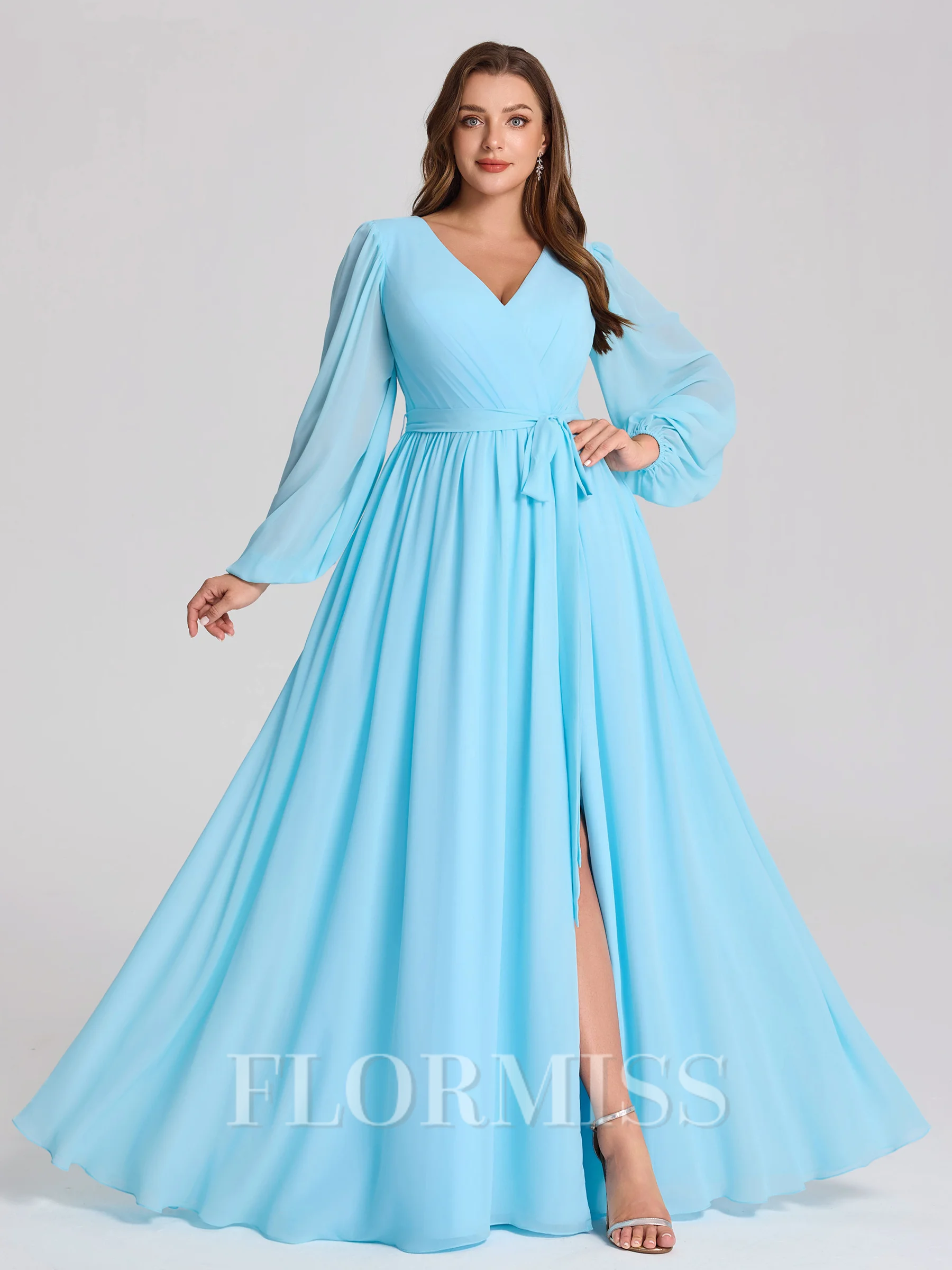 A-line V-neck Long Sleeves Sash/Ribbon/Belt Floor-Length Chiffon Plus Size Bridesmaid Dress
