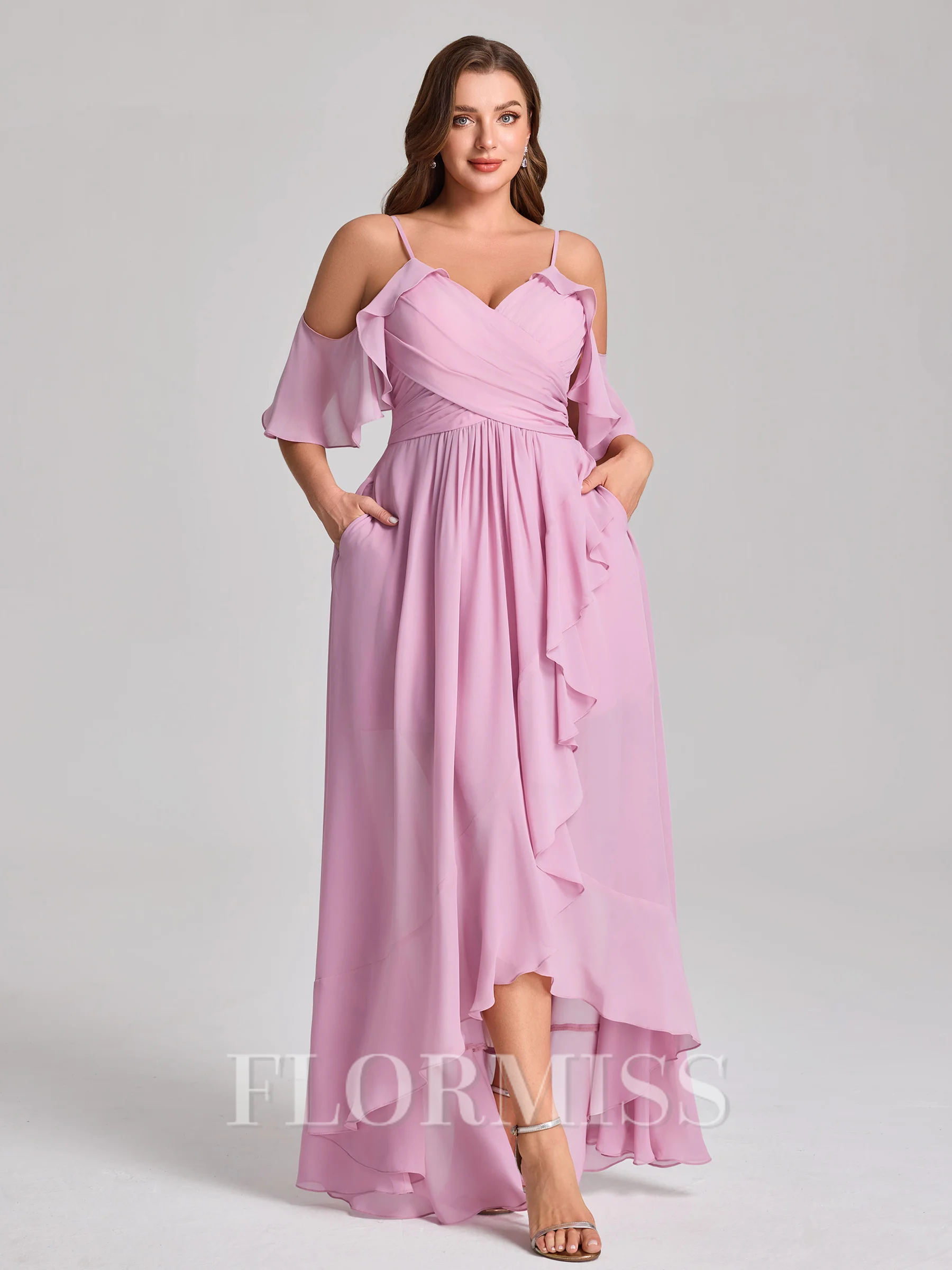 A-line Cold Shoulder Ruffles Asymmetrical Chiffon Plus Size Bridesmaid Dress