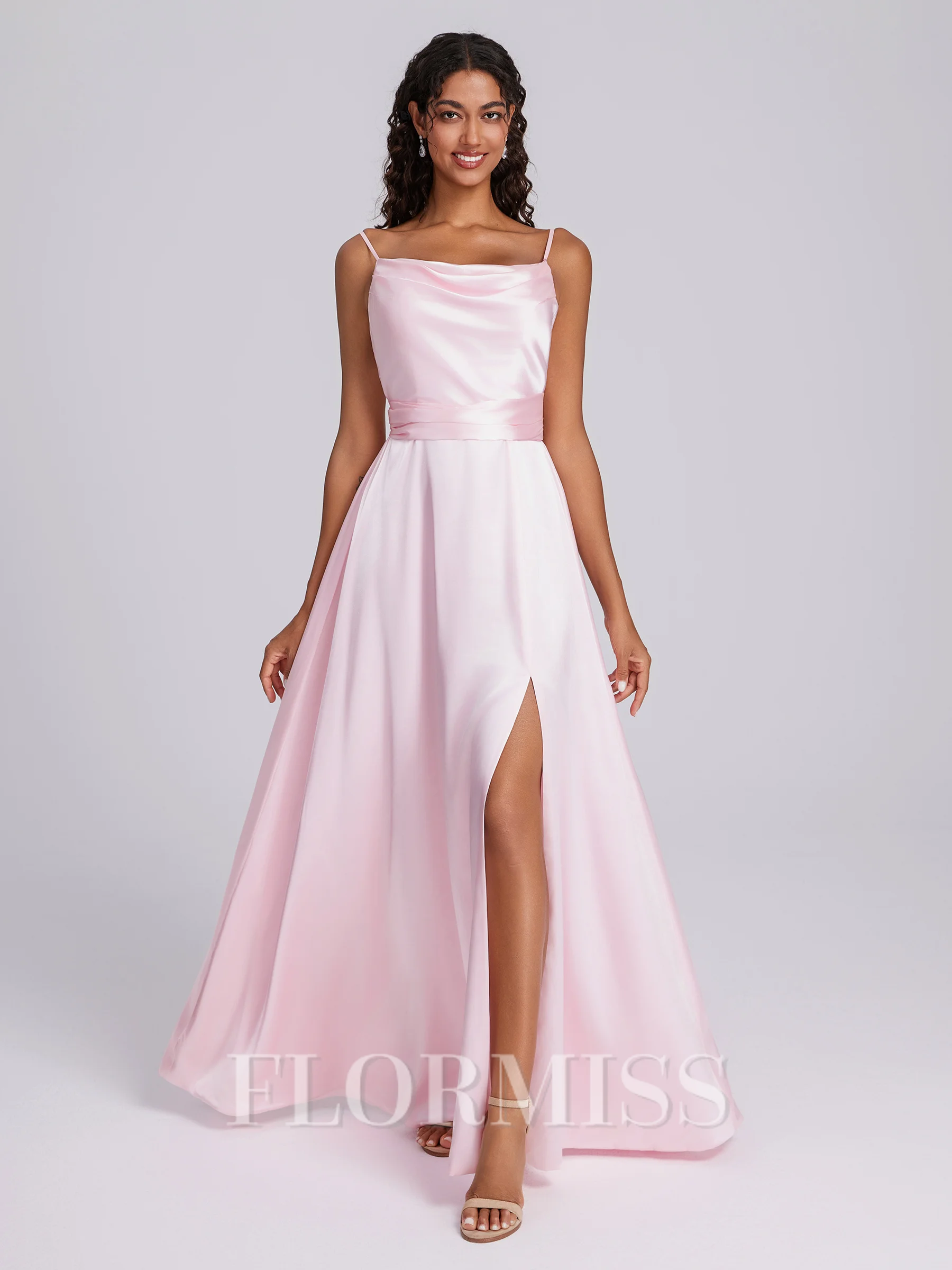 A-line Spaghetti Straps Pleated Floor-Length Silk Like Satin Bridesmaid Dress