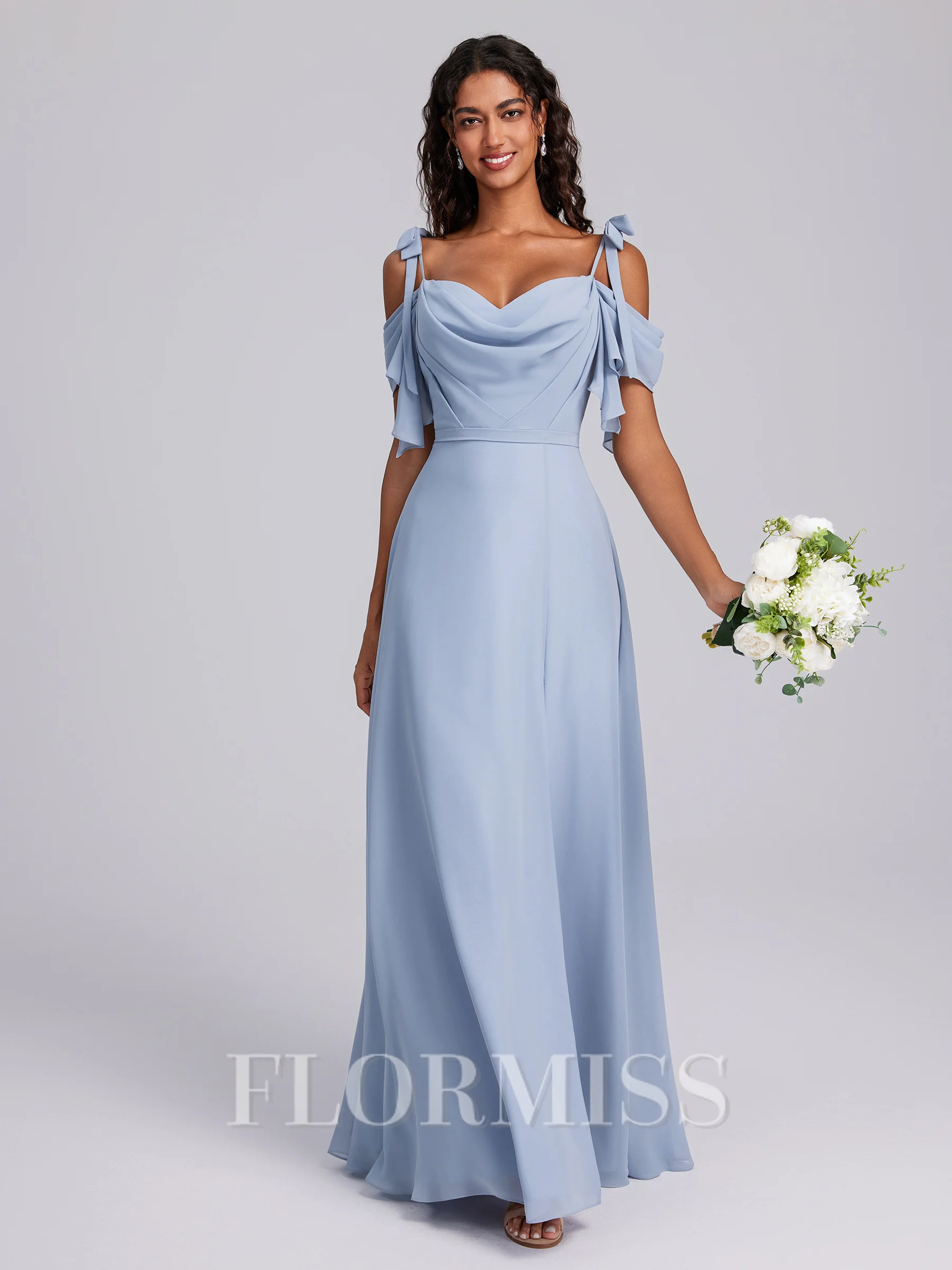 A-line Cold Shoulder Pleated Floor-Length Chiffon Bridesmaid Dress